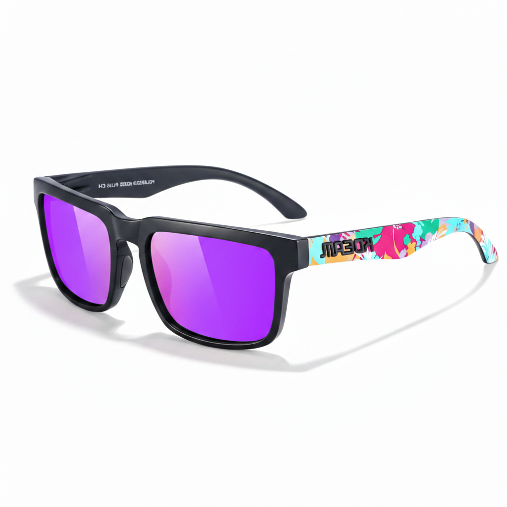 Sunglasses with colorful floral arm design on a white background