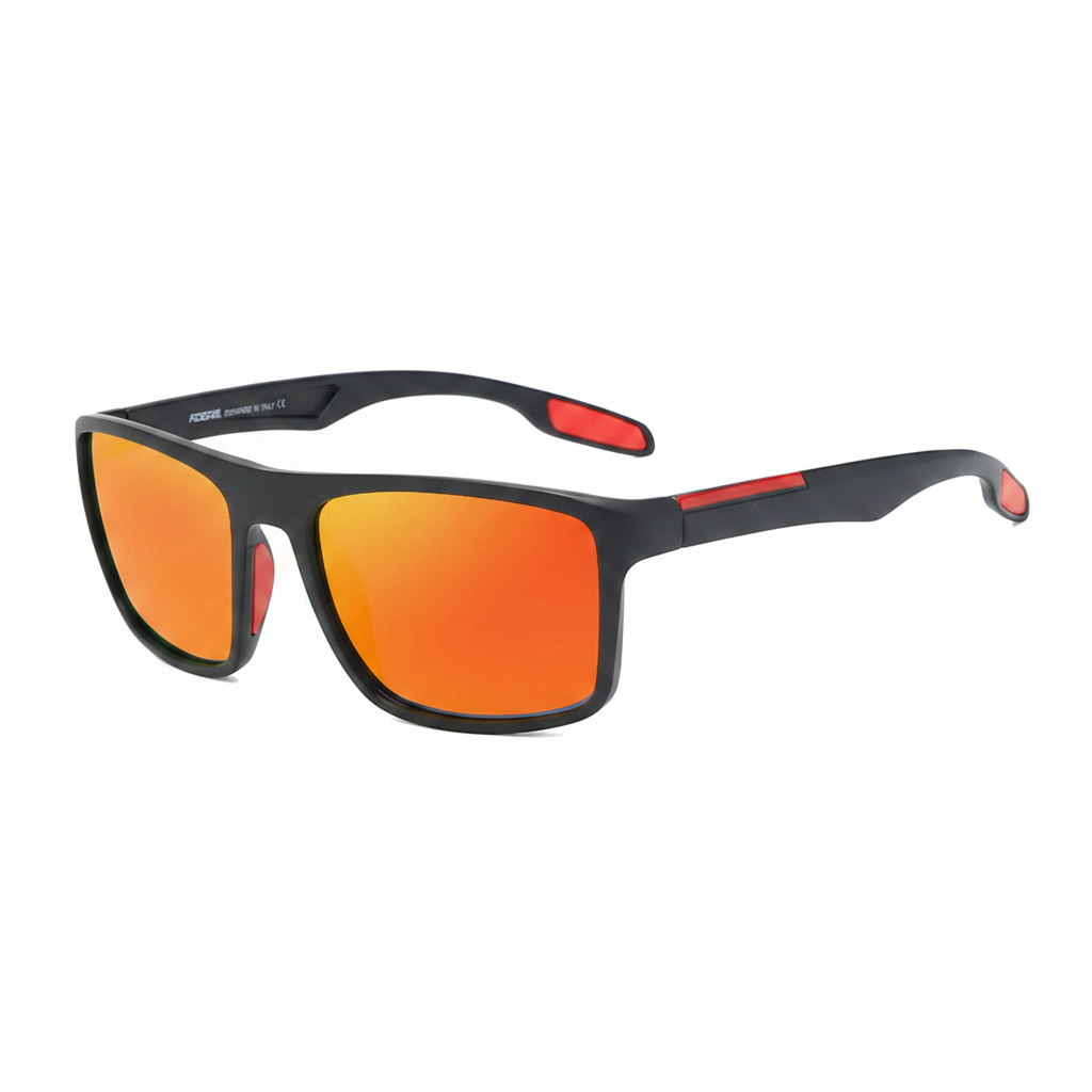 Sunglasses with black frame and red-orange lenses on a white background